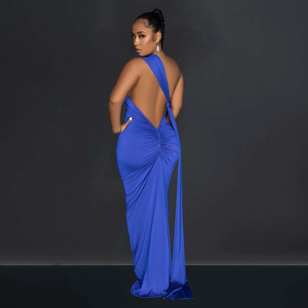 Women Wear Solid Color Backless Pleated Irregular Asymmetric Maxi Dress Women