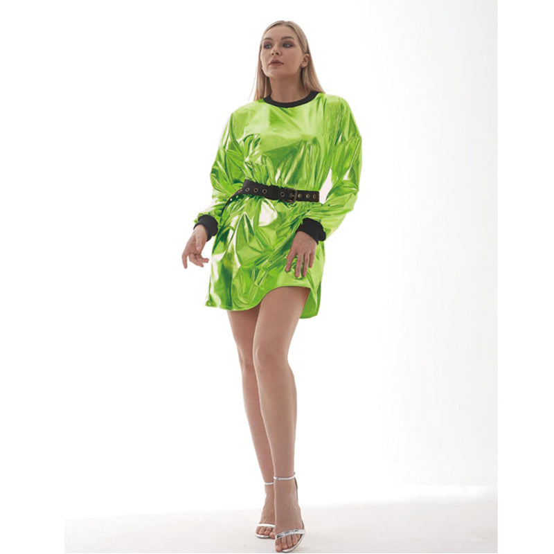 Metallic Coated Fabric Women Sexy Long Sleeve Dress Laser Color Matching Dress Runway Women Clothing No Belt