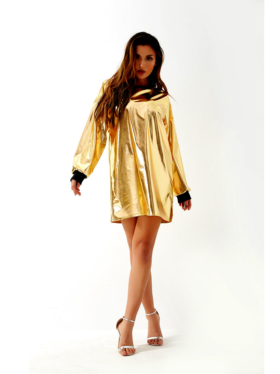 Metallic Coated Fabric Women Sexy Long Sleeve Dress Laser Color Matching Dress Runway Women Clothing No Belt