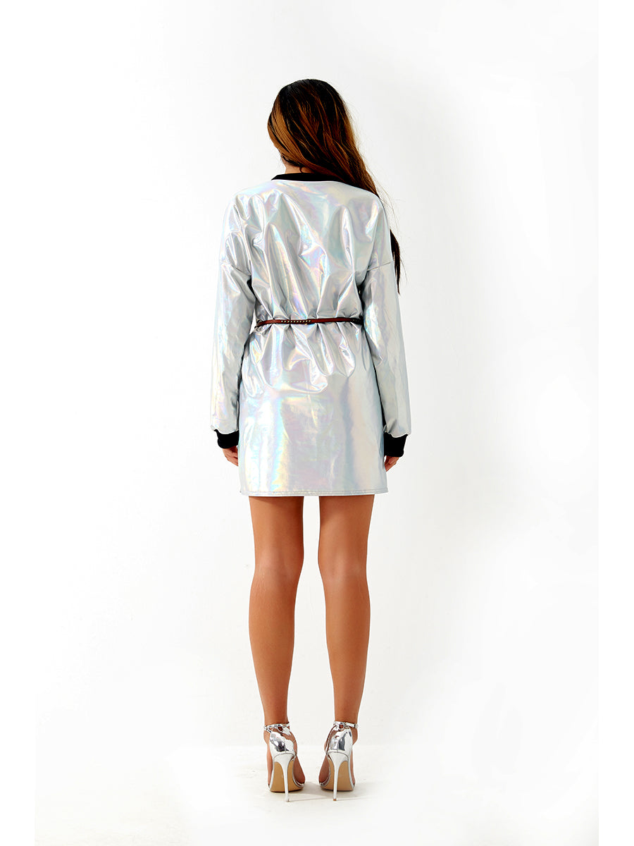 Metallic Coated Fabric Women Sexy Long Sleeve Dress Laser Color Matching Dress Runway Women Clothing No Belt