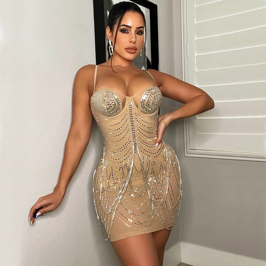 Summer Women Clothing Nightclub Sexy Mesh Drilling Tassel Cami Dress