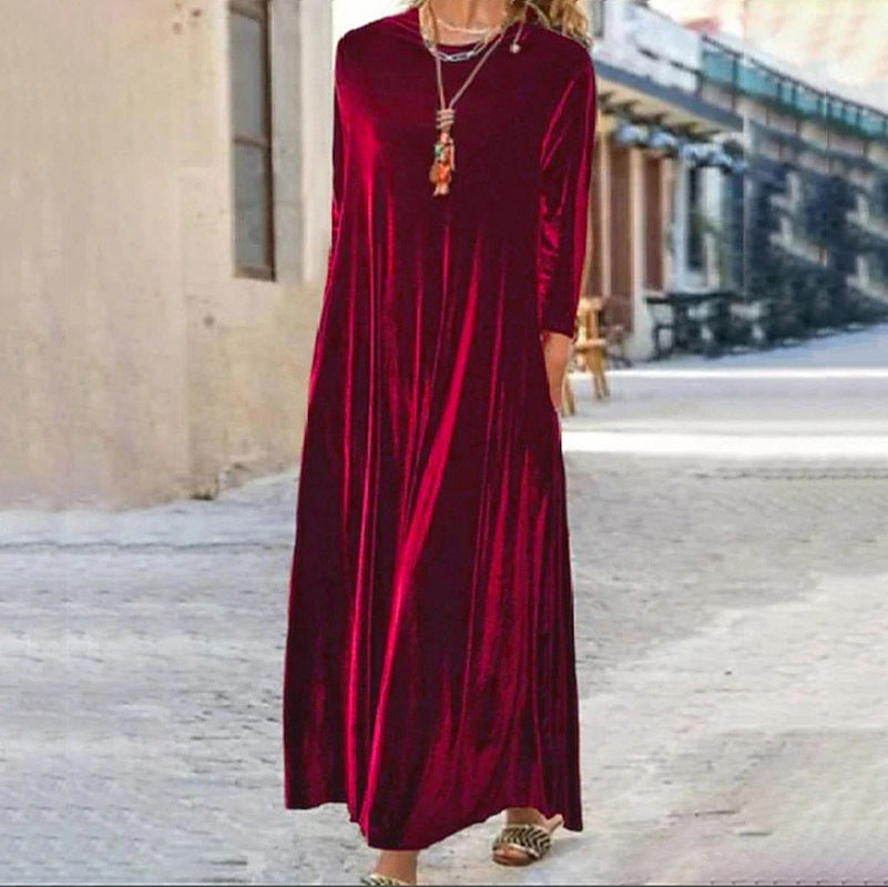 Vestido largo adelgazante de terciopelo dorado de primavera con cuello redondo