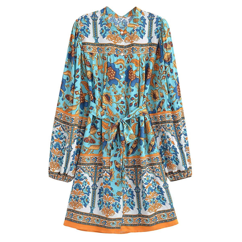 Winter Graceful Fashionable round Neck Long Sleeve Belt Printed Shirt Dress for Women