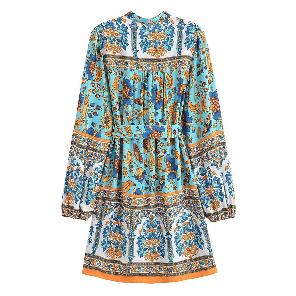 Winter Graceful Fashionable round Neck Long Sleeve Belt Printed Shirt Dress for Women