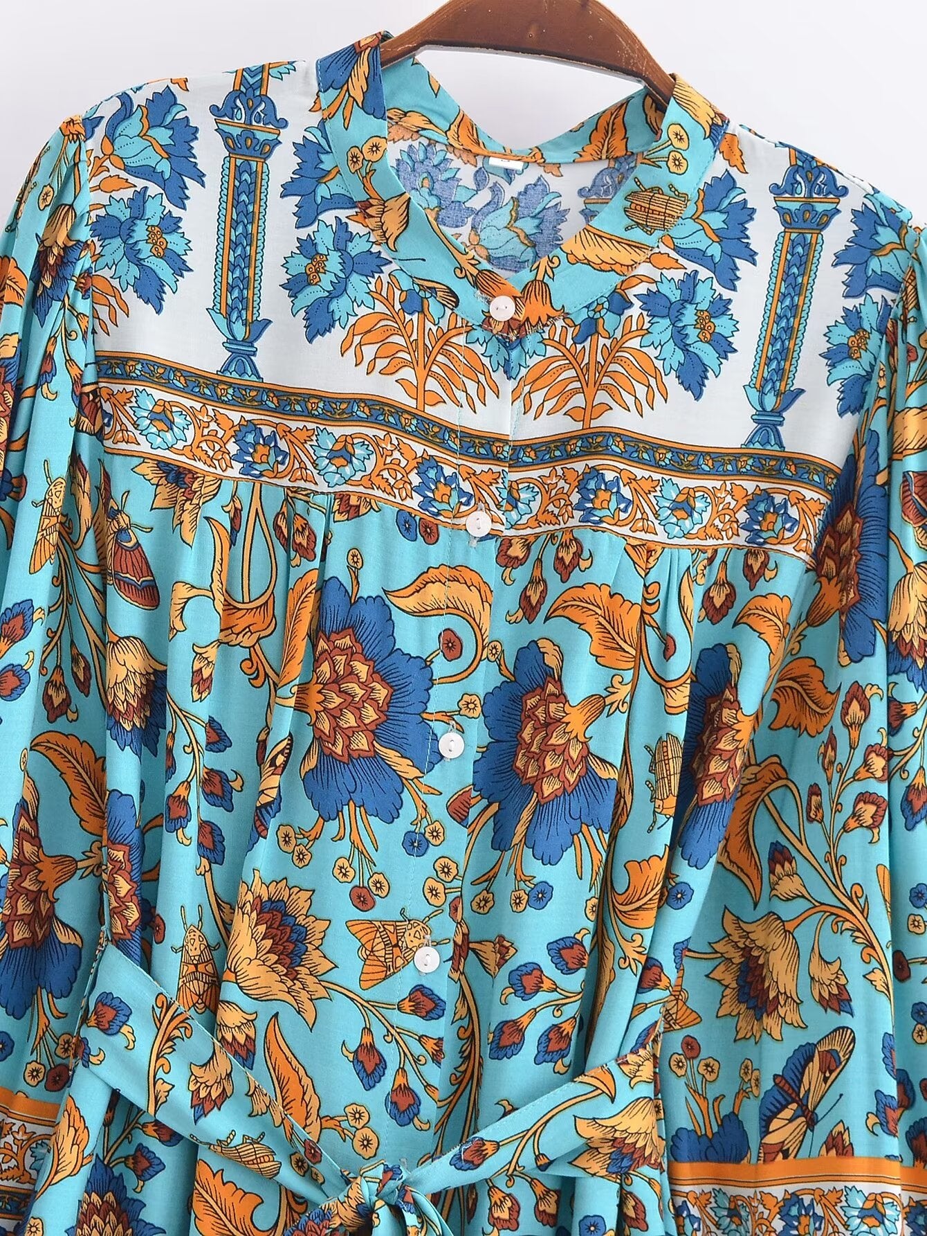 Winter Graceful Fashionable round Neck Long Sleeve Belt Printed Shirt Dress for Women