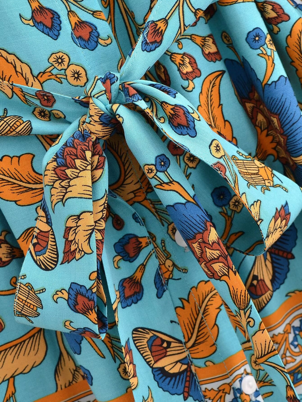 Winter Graceful Fashionable round Neck Long Sleeve Belt Printed Shirt Dress for Women