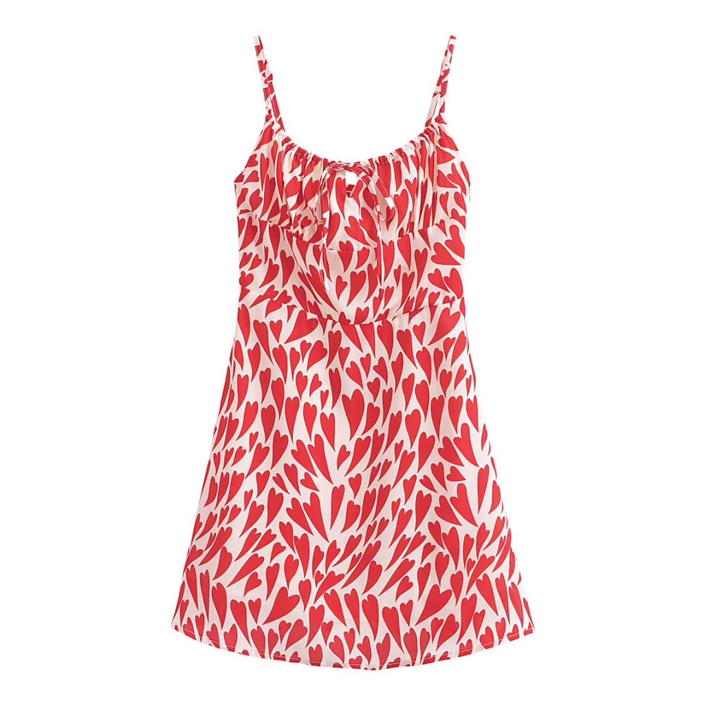 Vestido corto de verano con estampado de corazón, cintura ceñida y cordones