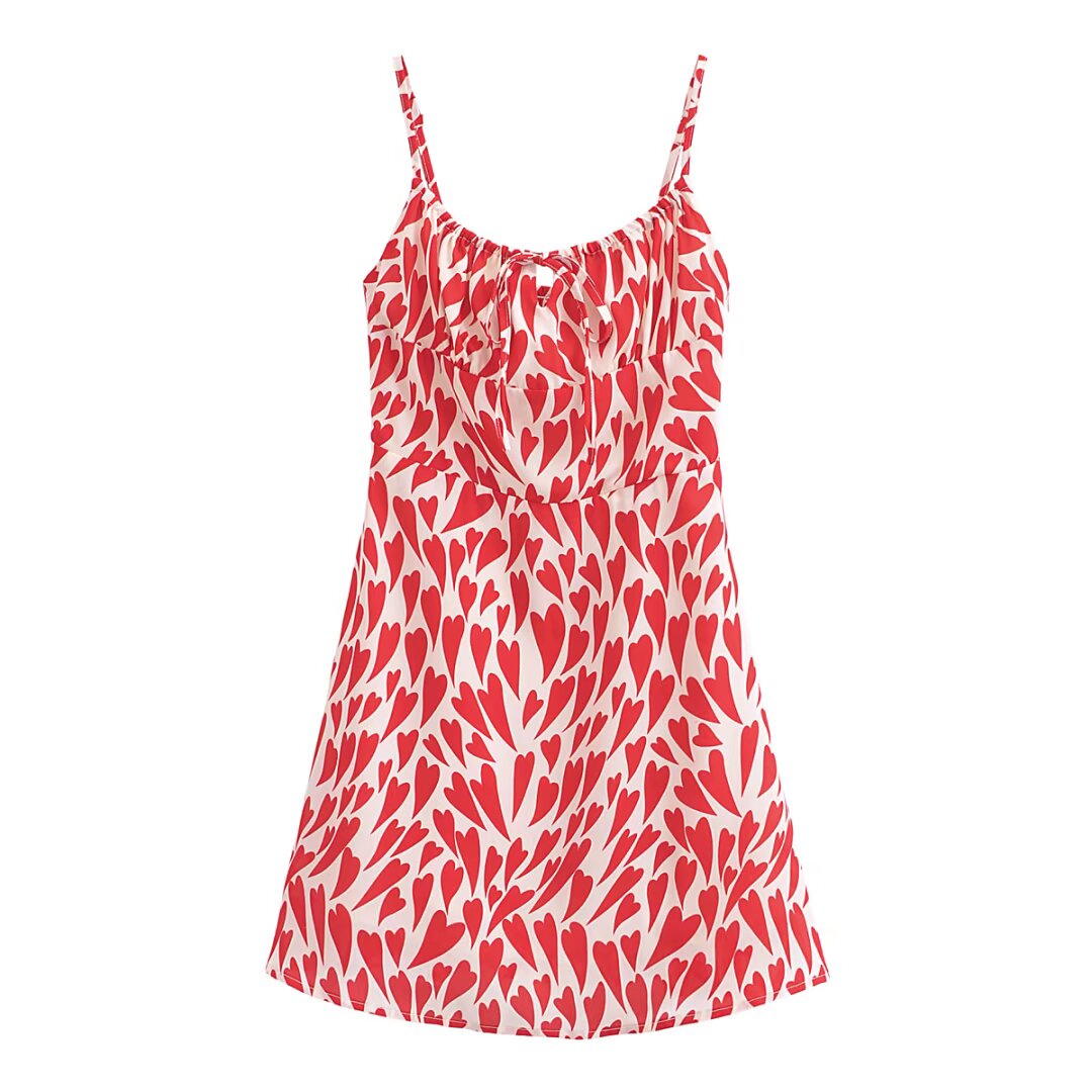 Summer Heart Shape Printed Figure Flattering Cinched Waist Lace-up Cami Dress Short Dress
