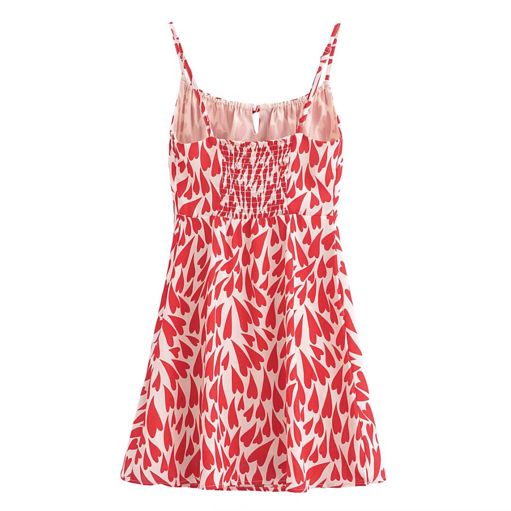 Vestido corto de verano con estampado de corazón, cintura ceñida y cordones