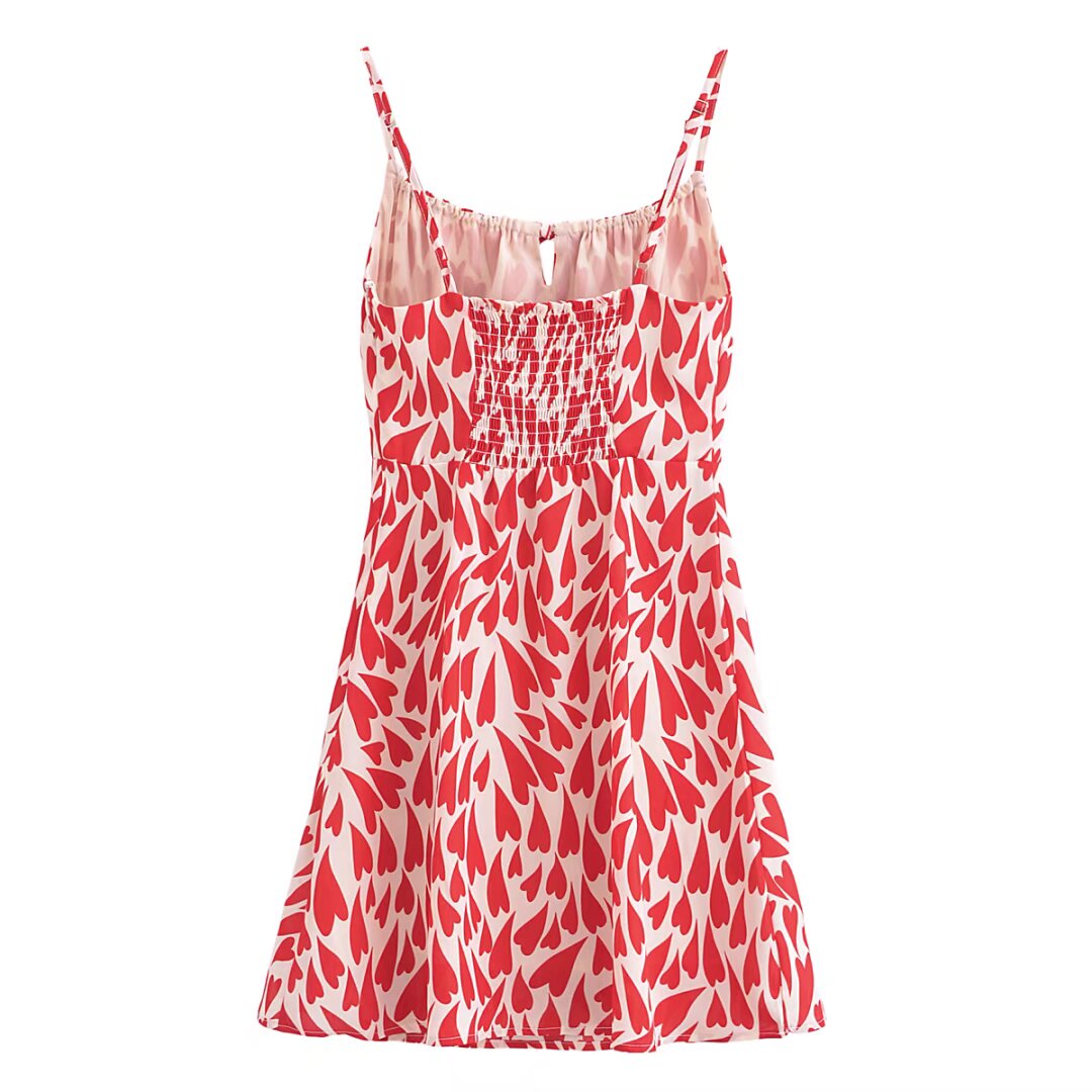 Summer Heart Shape Printed Figure Flattering Cinched Waist Lace-up Cami Dress Short Dress