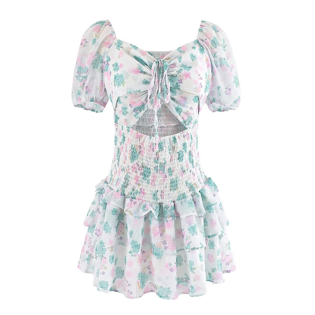 Vestido sencillo y sexy con diseño de nicho, estampado floral, cordón elástico, manga corta abullonada, cintura alta.