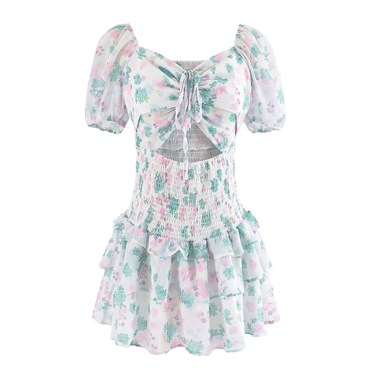Vestido sencillo y sexy con diseño de nicho, estampado floral, cordón elástico, manga corta abullonada, cintura alta.