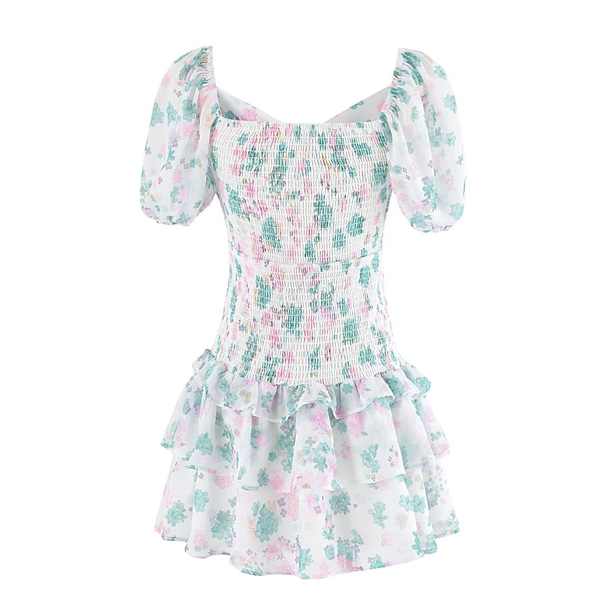 Vestido sencillo y sexy con diseño de nicho, estampado floral, cordón elástico, manga corta abullonada, cintura alta.