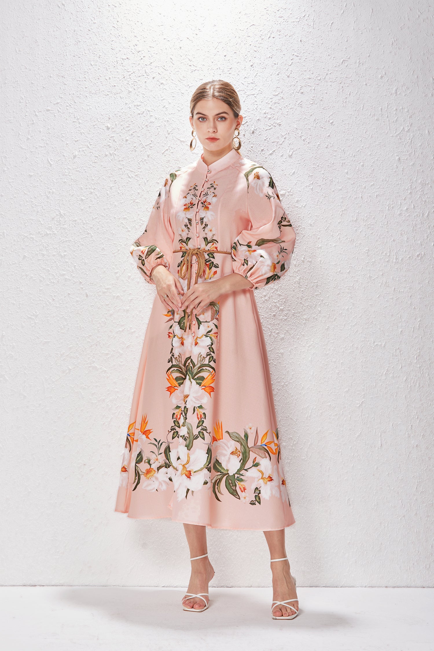 Printed Fashion Temperament Stand Collar Single Breasted Lantern Sleeve Long Dress