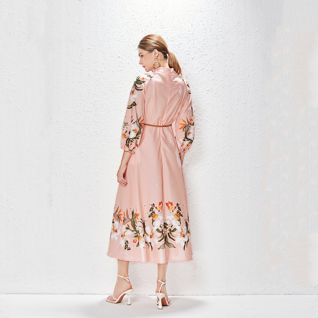 Printed Fashion Temperament Stand Collar Single Breasted Lantern Sleeve Long Dress