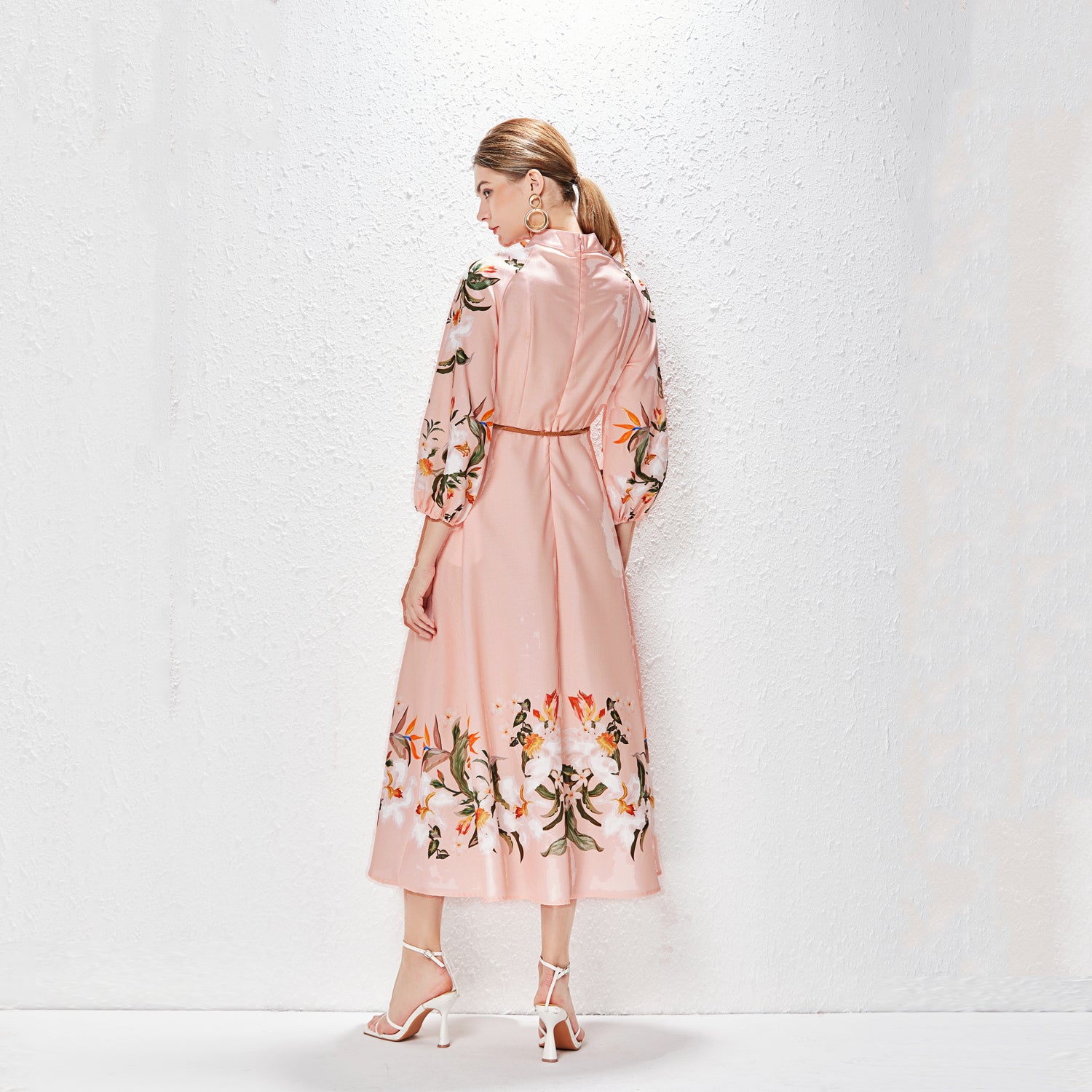 Printed Fashion Temperament Stand Collar Single Breasted Lantern Sleeve Long Dress