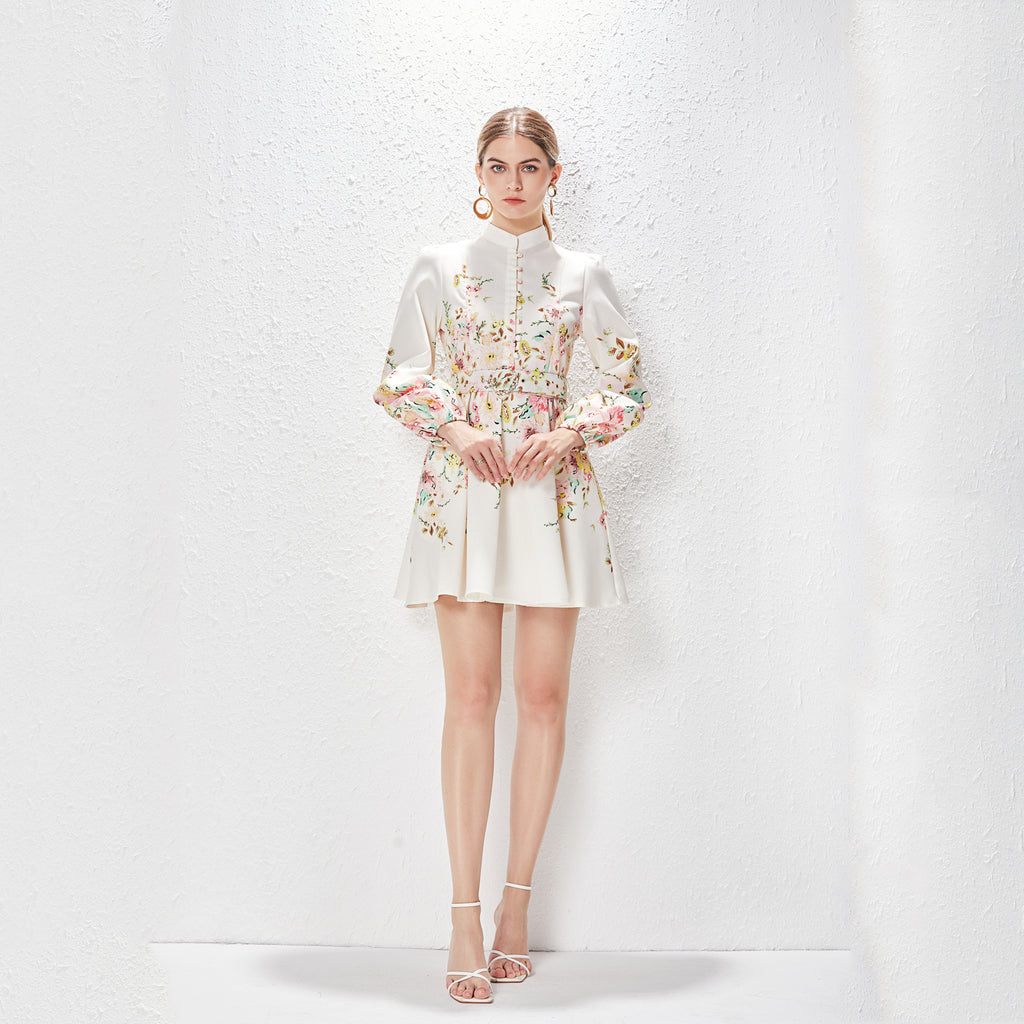 Spring Summer Stand Collar Single Breasted Lantern Sleeve Positioning Printed Dress