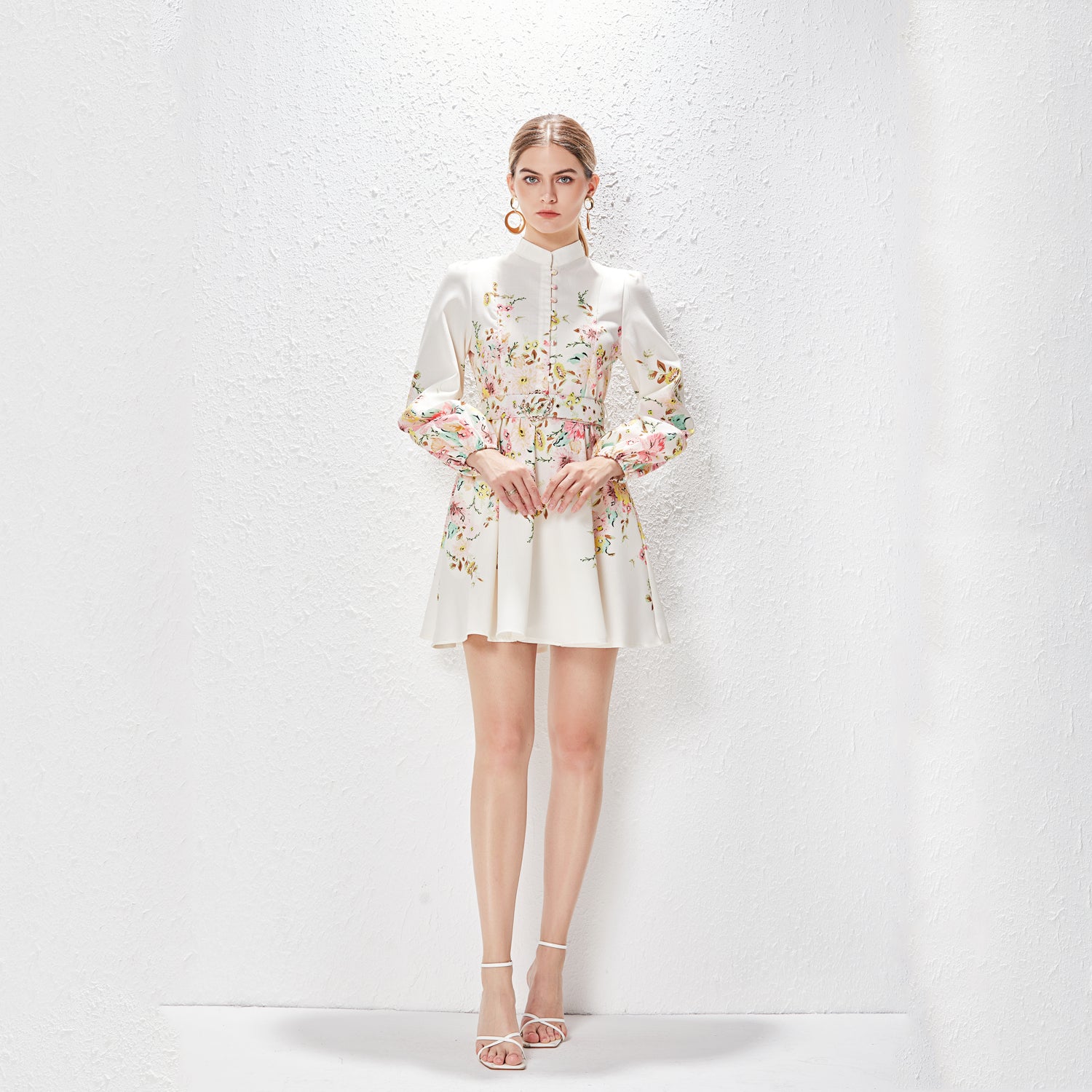 Spring Summer Stand Collar Single Breasted Lantern Sleeve Positioning Printed Dress