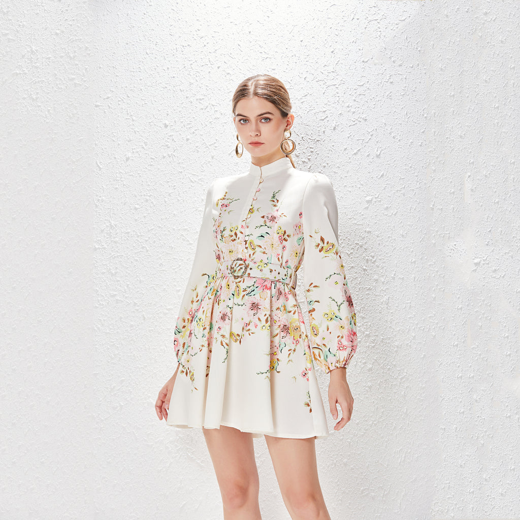 Spring Summer Stand Collar Single Breasted Lantern Sleeve Positioning Printed Dress