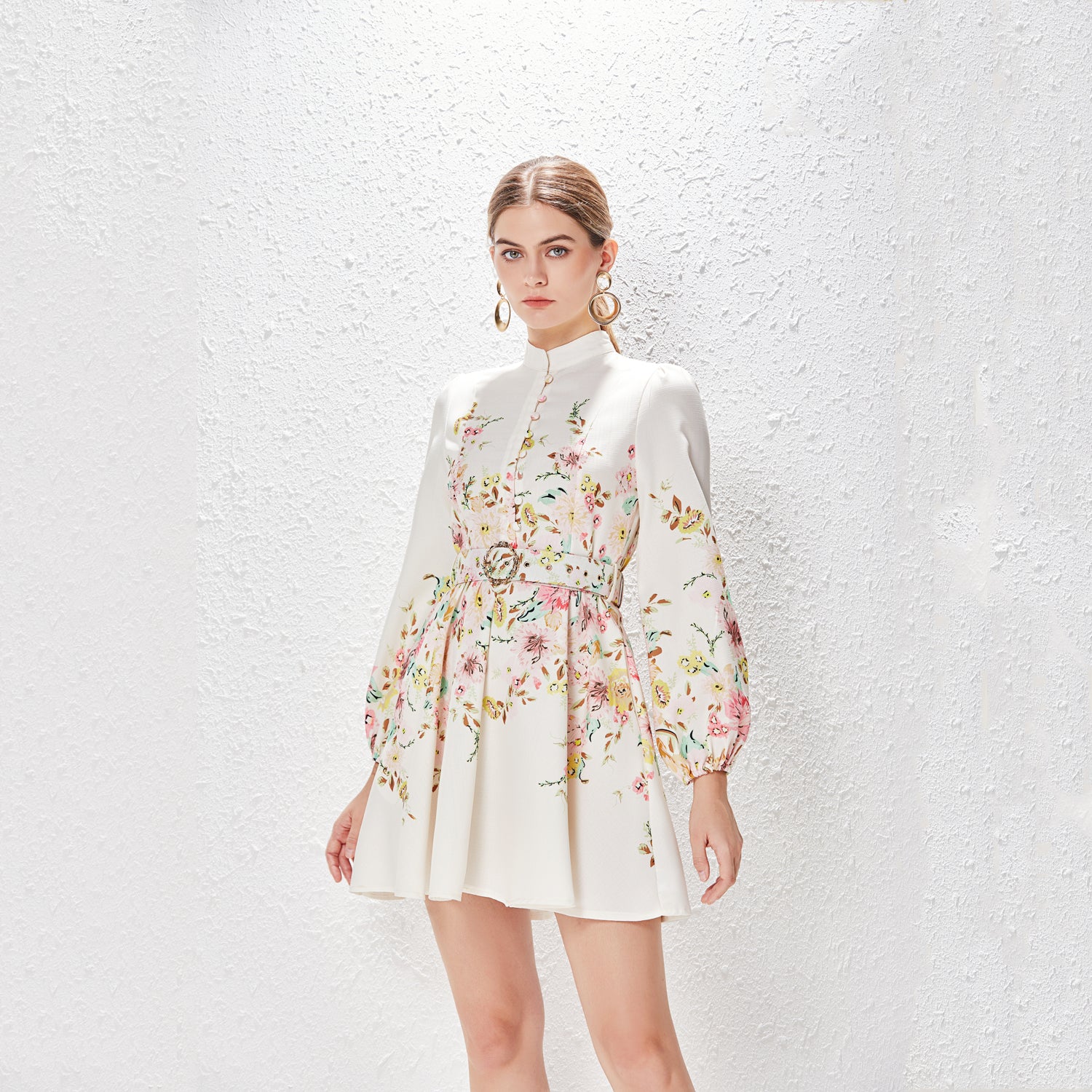 Spring Summer Stand Collar Single Breasted Lantern Sleeve Positioning Printed Dress