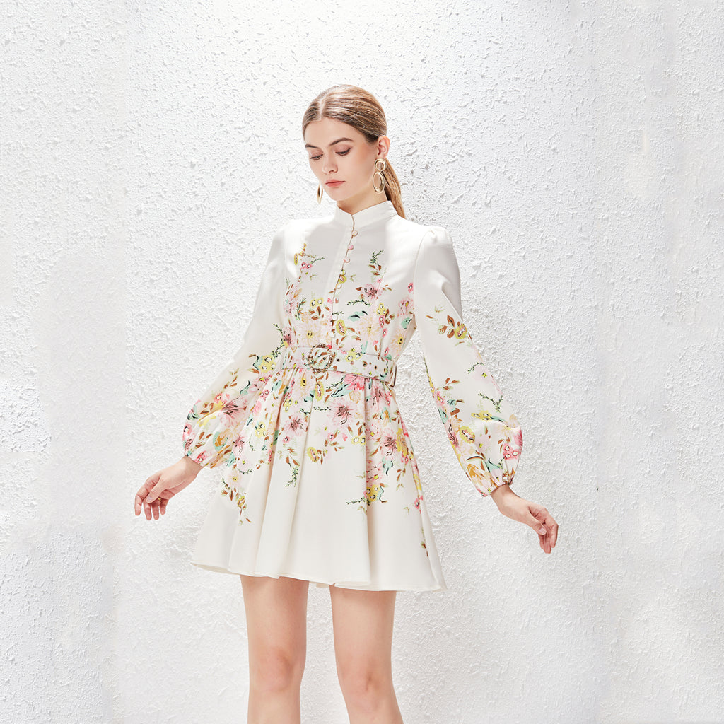 Spring Summer Stand Collar Single Breasted Lantern Sleeve Positioning Printed Dress