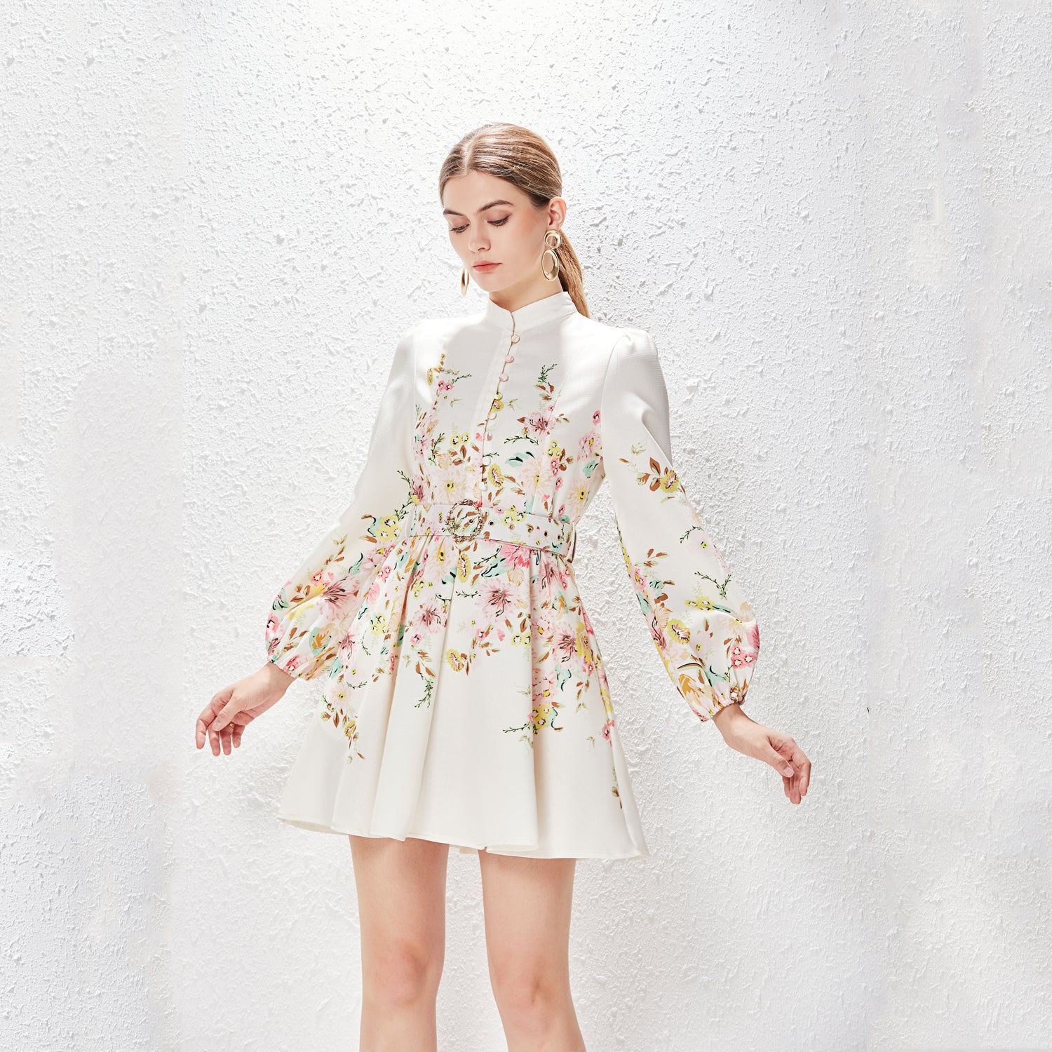 Spring Summer Stand Collar Single Breasted Lantern Sleeve Positioning Printed Dress