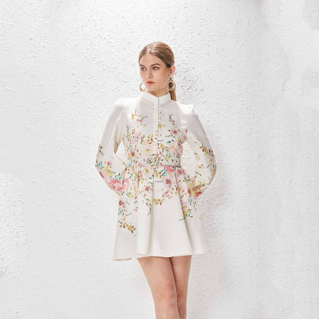 Spring Summer Stand Collar Single Breasted Lantern Sleeve Positioning Printed Dress
