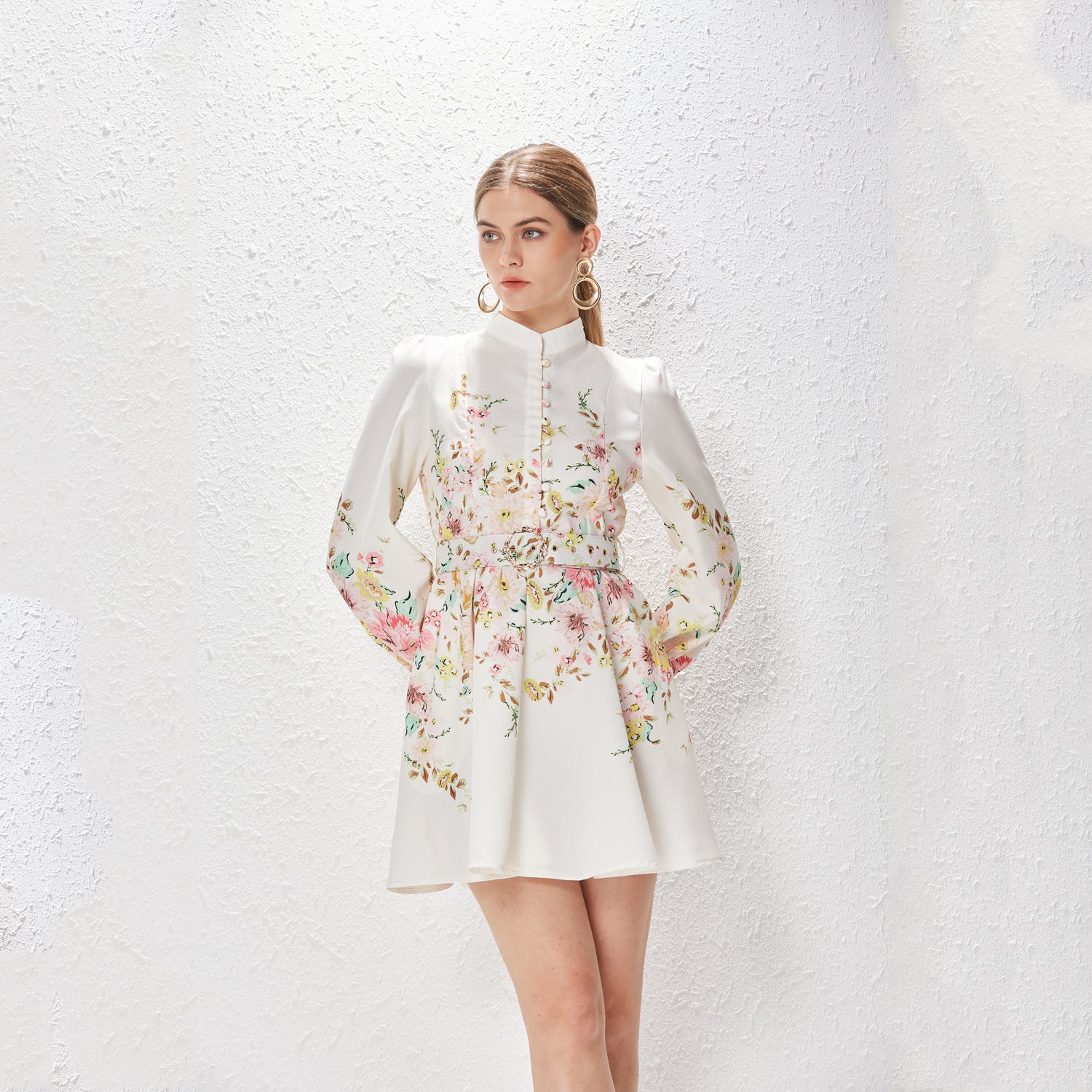 Spring Summer Stand Collar Single Breasted Lantern Sleeve Positioning Printed Dress
