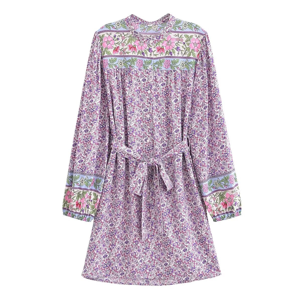 Spring Women Positioning Floral Single Breasted Dress with Belt Long Sleeve Mid Length Dress