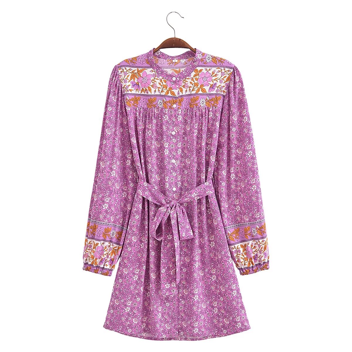 Spring Women Positioning Floral Single Breasted Dress with Belt Long Sleeve Mid Length Dress