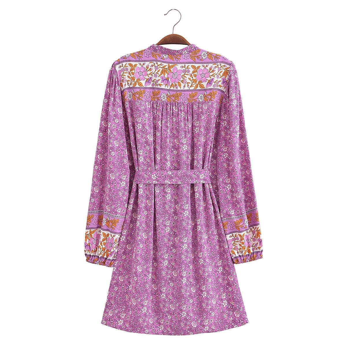 Spring Women Positioning Floral Single Breasted Dress with Belt Long Sleeve Mid Length Dress