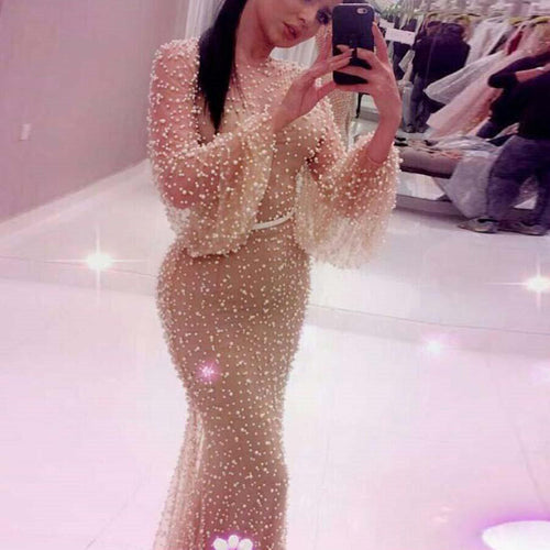Autumn Middle East Women Clothing Mesh Round Neck Puff Sleeve Dress Skinny Hip Dress