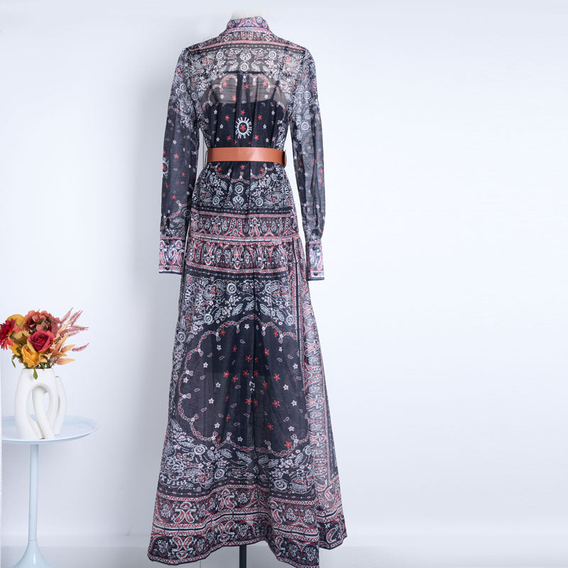 Conjunto de dos piezas largo con solapa y botonadura sencilla para mujer con vestido estampado de posicionamiento