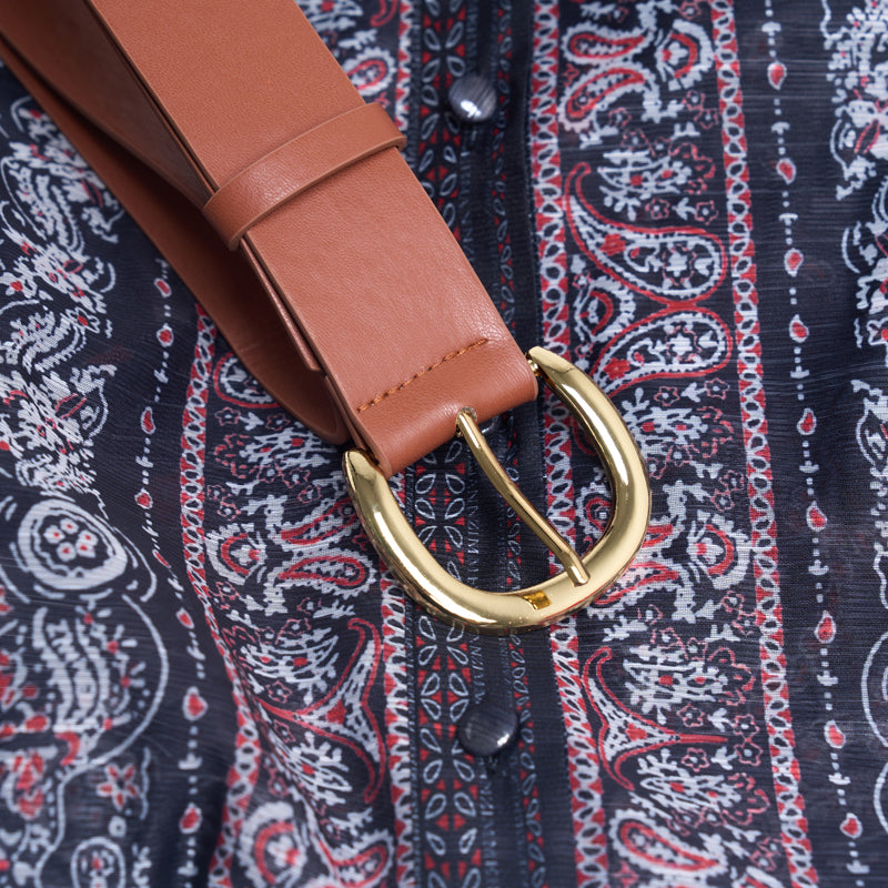 Conjunto de dos piezas largo con solapa y botonadura sencilla para mujer con vestido estampado de posicionamiento