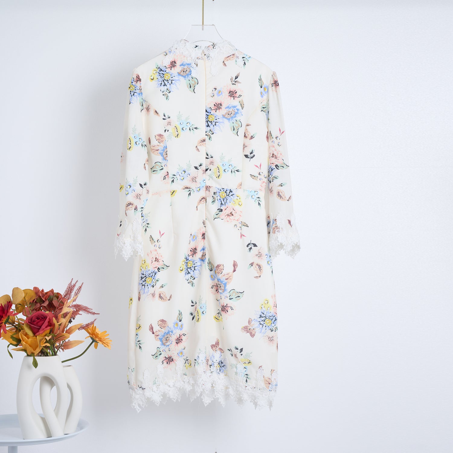 Spring Summer Heavy Industry Stitching Lace Single Breasted Stand Collar Horn Sleeve Printed Dress Short