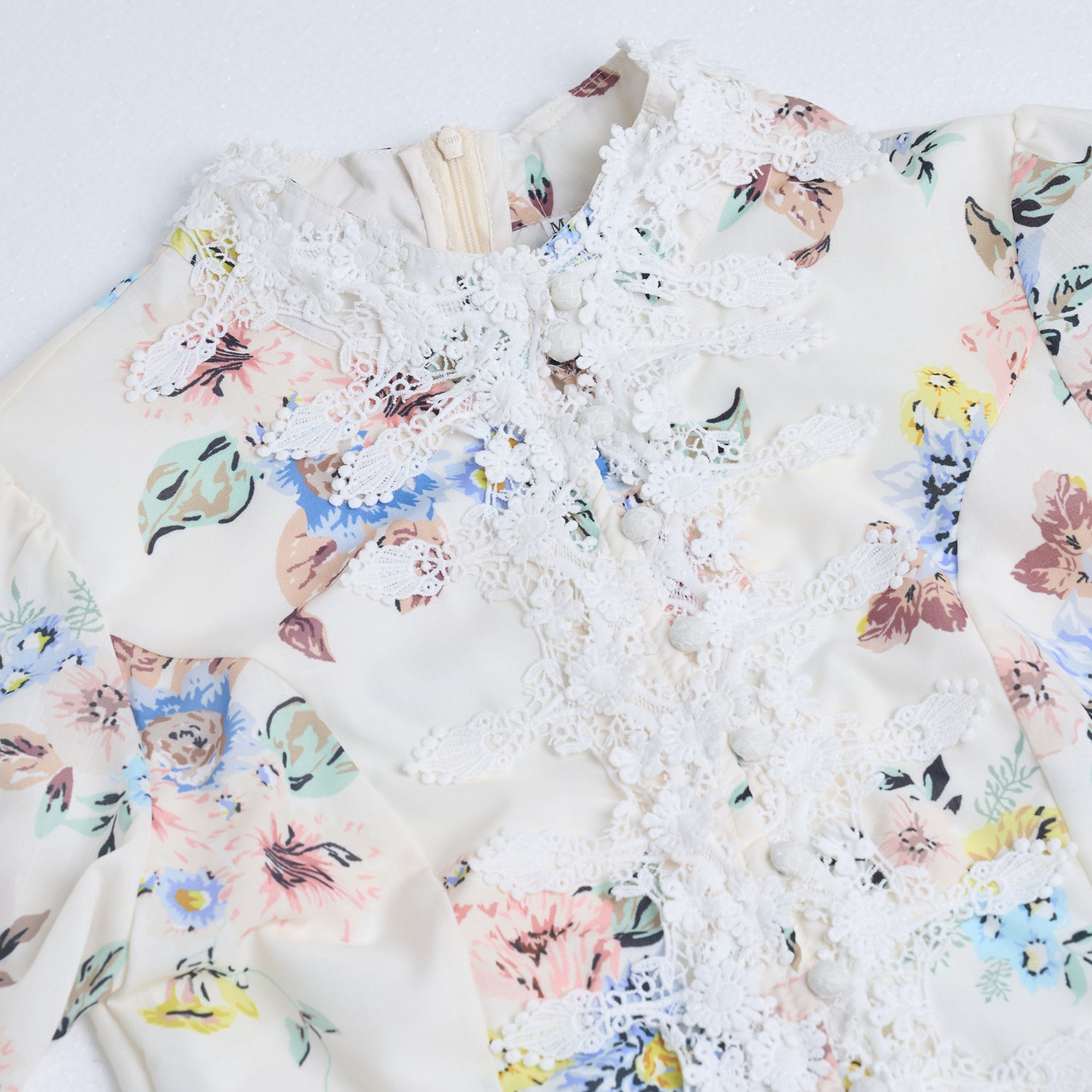 Spring Summer Heavy Industry Stitching Lace Single Breasted Stand Collar Horn Sleeve Printed Dress Short