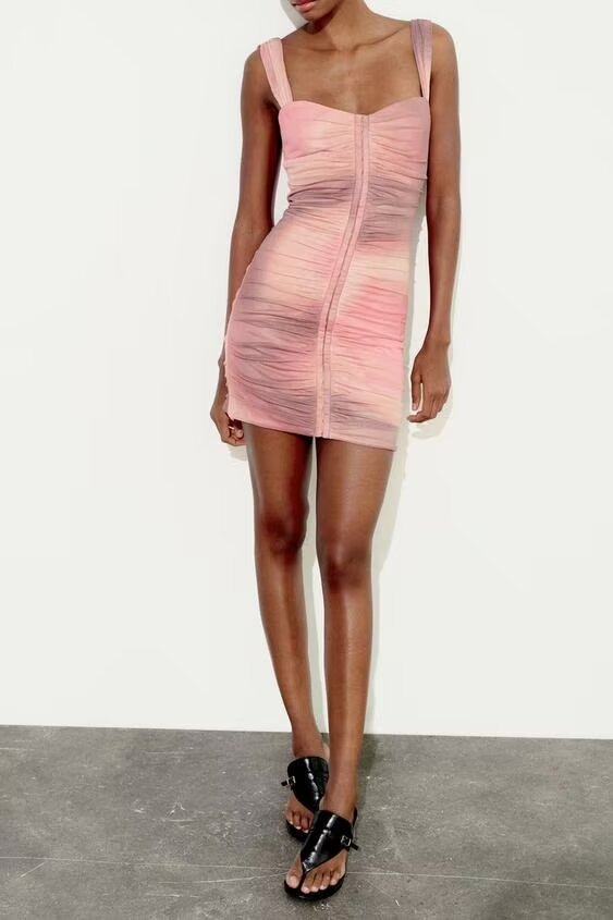 Vestido corto de red de seda con estampado entallado para mujer de primavera
