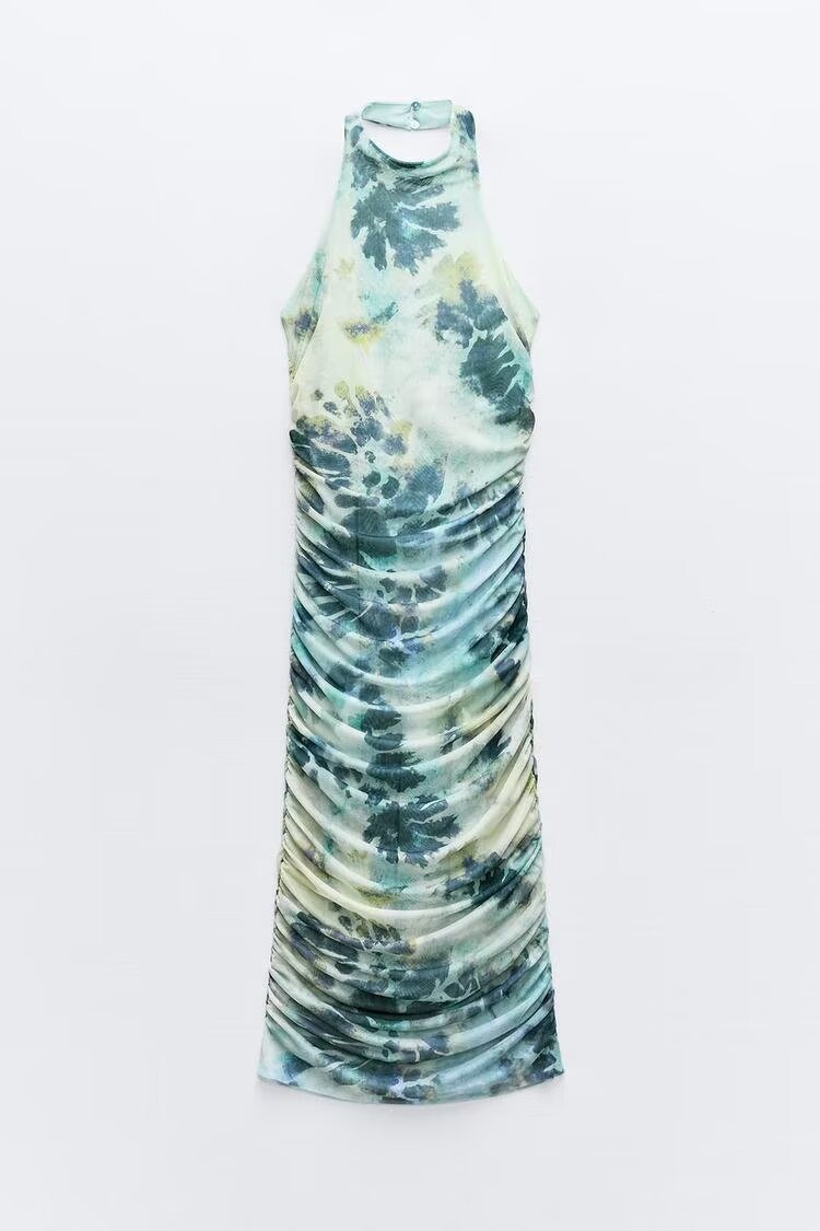 Vestido de mujer con escote en V profundo, espalda descubierta y estampado de tinta, primavera y verano