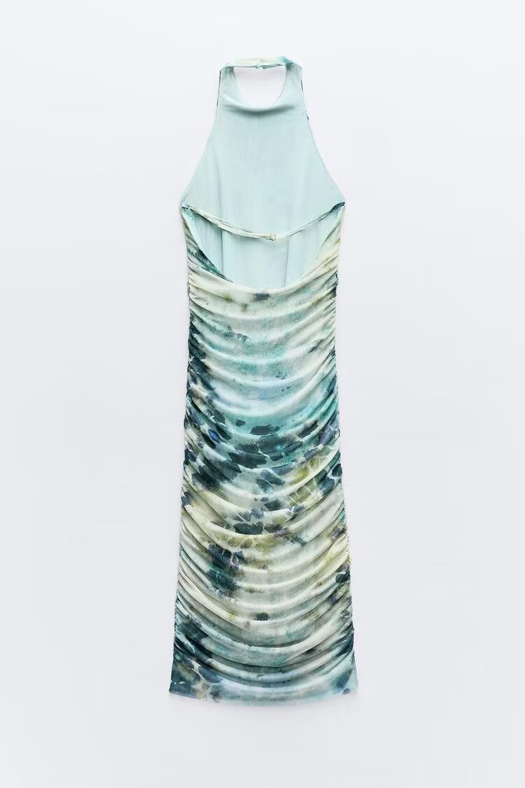 Vestido de mujer con escote en V profundo, espalda descubierta y estampado de tinta, primavera y verano