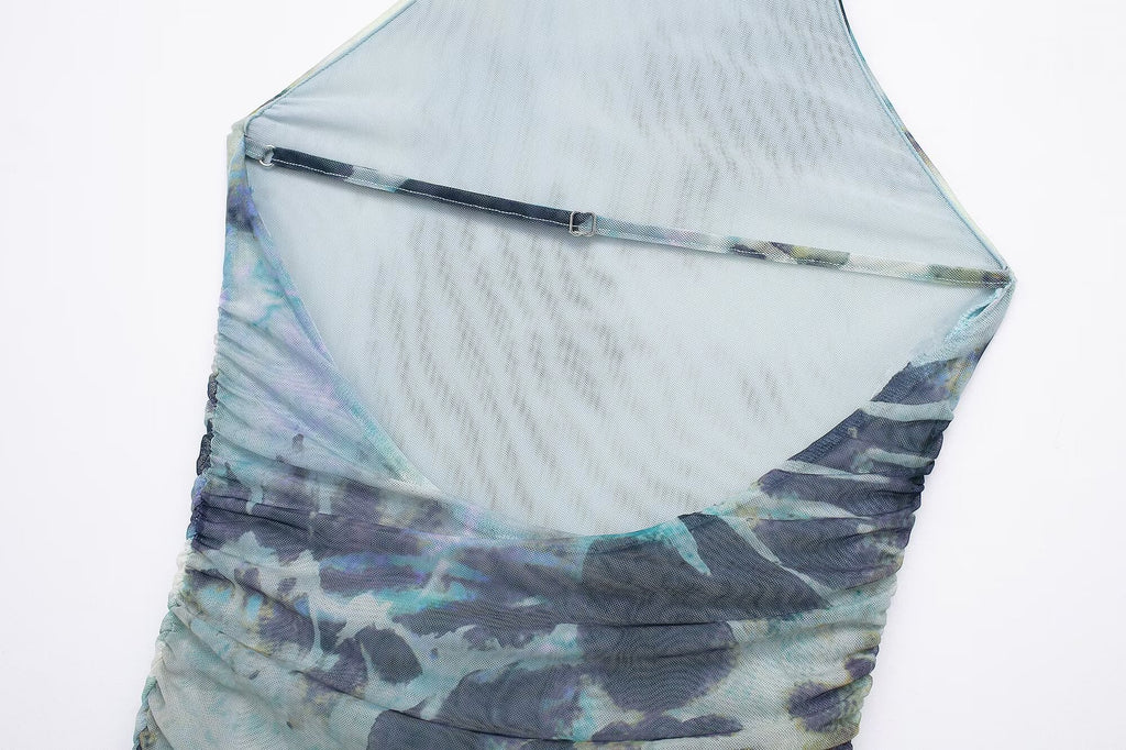 Vestido de mujer con escote en V profundo, espalda descubierta y estampado de tinta, primavera y verano