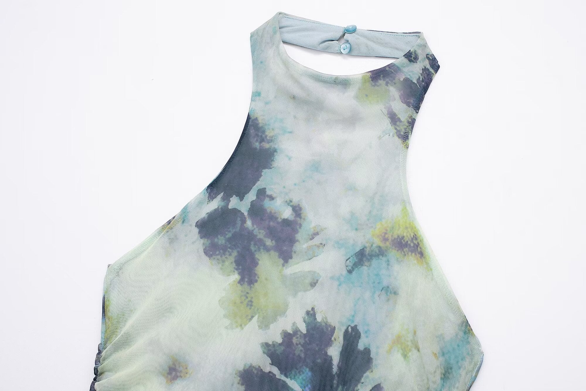 Vestido de mujer con escote en V profundo, espalda descubierta y estampado de tinta, primavera y verano