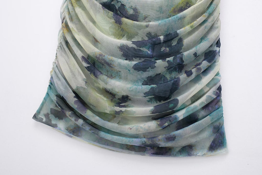 Vestido de mujer con escote en V profundo, espalda descubierta y estampado de tinta, primavera y verano