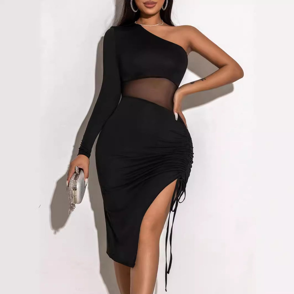 Vestido de verano ajustado con cordón transparente y manga larga con encaje de malla para moldear el cuerpo