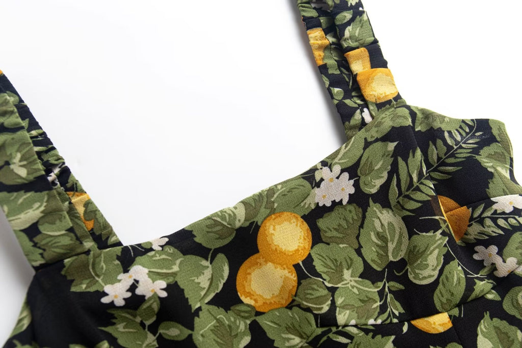 Summer Legal Women Clothing Sling Square Collar Fruit Printed Split Holiday Dress