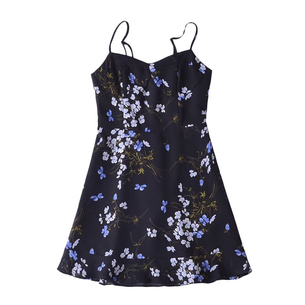 Women Floral Print Slim Fit Slim Sexy Ruffled Spaghetti Straps Dress