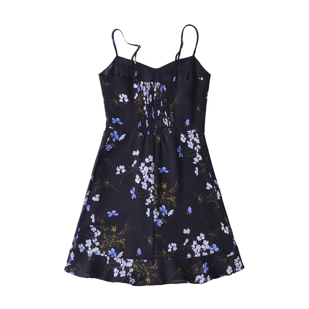Women Floral Print Slim Fit Slim Sexy Ruffled Spaghetti Straps Dress