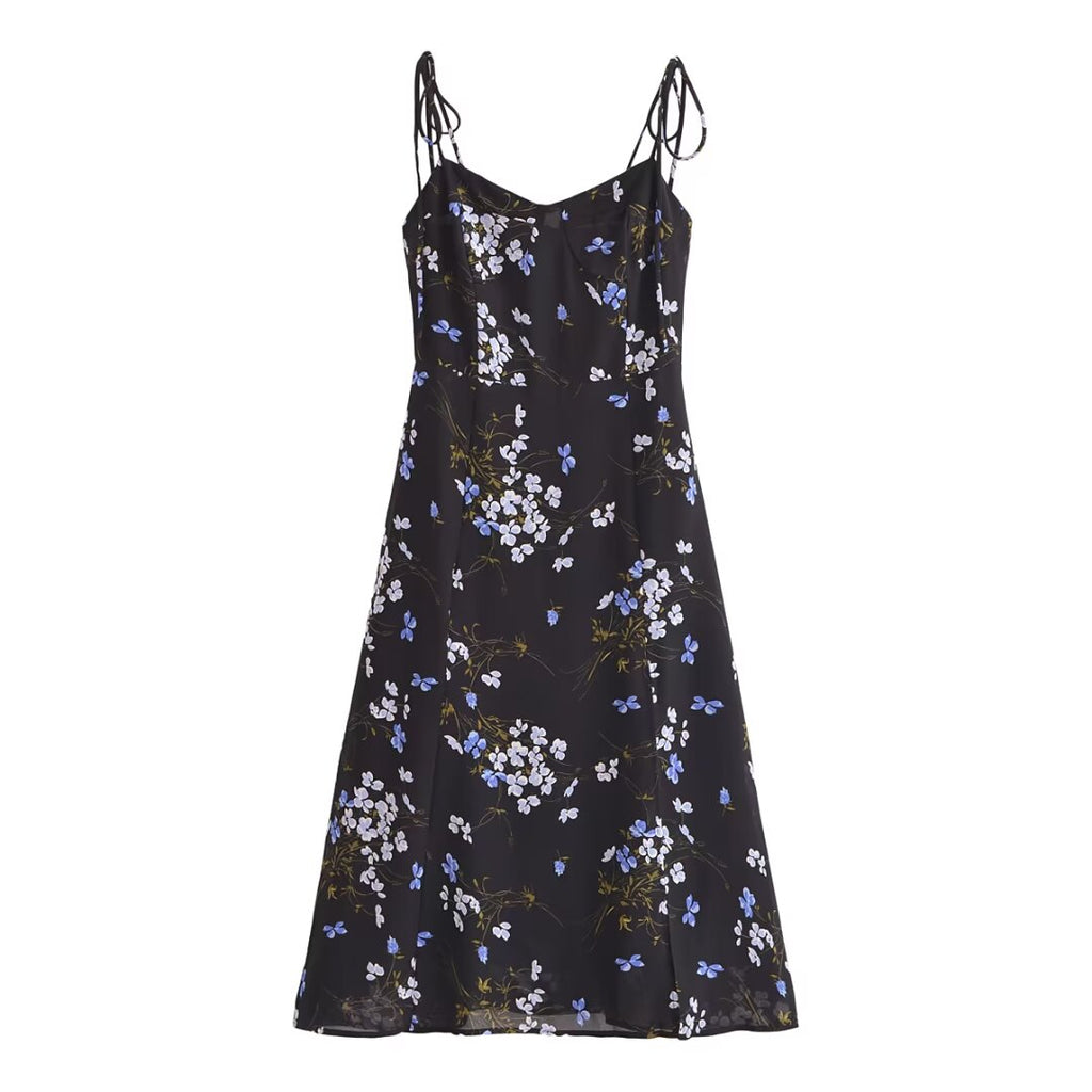Spring Women Floral Print Vacation Sexy Slit Tied Spaghetti Strap Dress