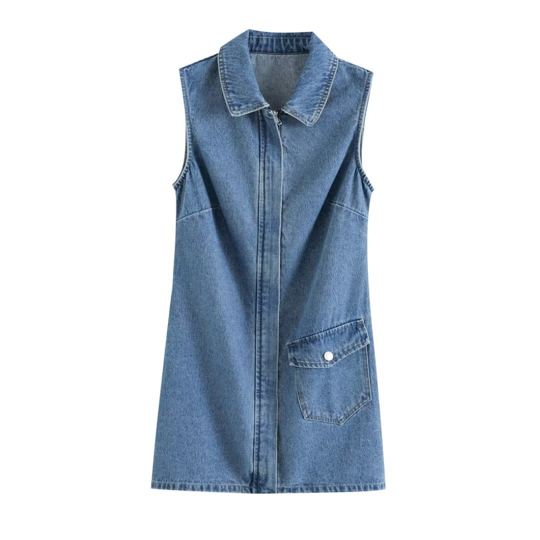 Women Summer Lapels Sleeveless Slim Fit Denim Dress Sexy Short Dress