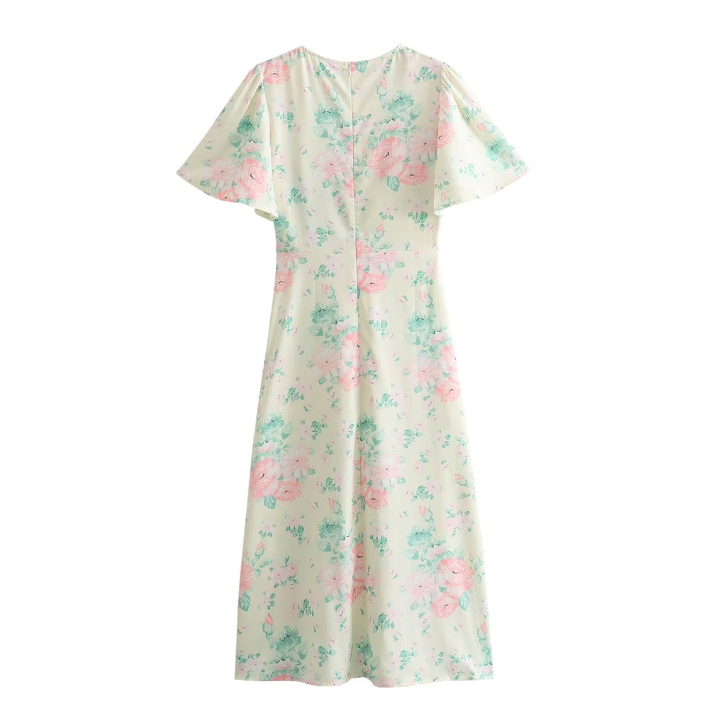 Robe imprimée à col V, manches courtes et taille haute pour femme, collection printemps