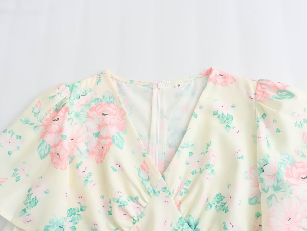 Robe imprimée à col V, manches courtes et taille haute pour femme, collection printemps